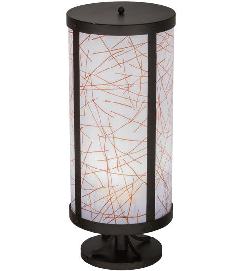 Meyda Lighting Cilindro 15" Oil Rubbed Bronze Veritas Outdoor Pier Mount Light With White & Orange Patterns Shade Glass