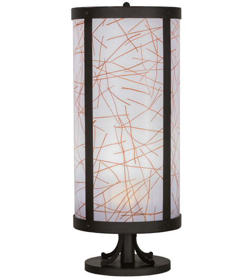 Meyda Lighting Cilindro 15" Oil Rubbed Bronze Veritas Outdoor Pier Mount Light With White & Orange Patterns Shade Glass