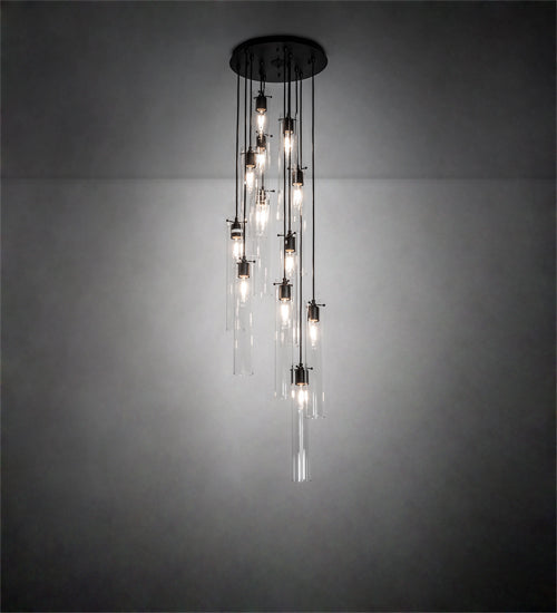 Meyda Lighting Cilindro 16" 12-Light Solar Black Cascading Pendant Light With Clear Shade Glass
