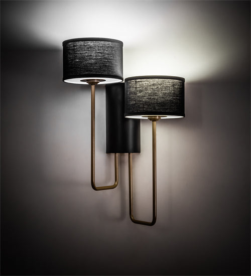 Meyda Lighting Cilindro 17" 2-Light Textured Black & Champagne Metallic Duet Wall Sconce With Black Textrene & Statuario Idalight Shade