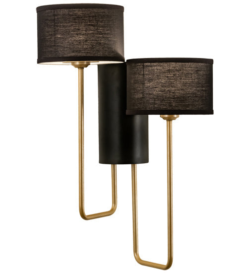 Meyda Lighting Cilindro 17" 2-Light Textured Black & Champagne Metallic Duet Wall Sconce With Black Textrene & Statuario Idalight Shade