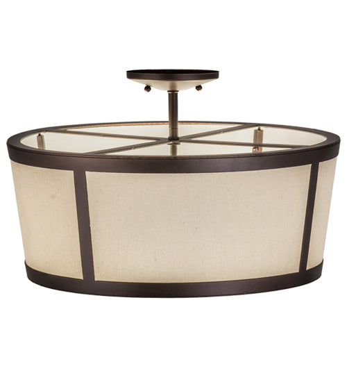 Meyda Lighting Cilindro 18" 3-Light Mahogany Bronze Tapered Semi-flush Mount Light With Beige Natural Textrene & White Contrail Mist Idalight Shade