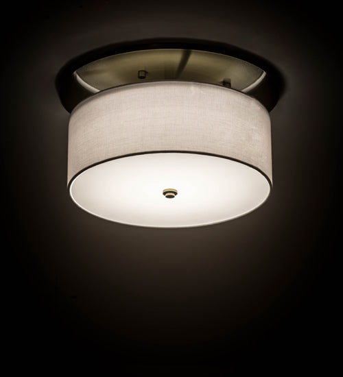 Meyda Lighting Cilindro 18" LED Nickel Presidio Flush Mount Light With Beige & White Oyster Textrene Shade