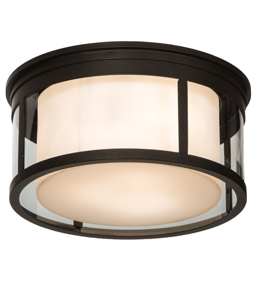 Meyda Lighting Cilindro 19" 3-Light Oil Rubbed Bronze Campbell Flush Mount Light With White Statuario Idalight And Clear Shade Glass