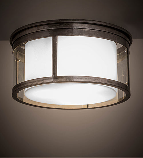 Meyda Lighting Cilindro 19" 3-Light Silver Steel Campbell Flush Mount Light With Clear & White Shade Glass