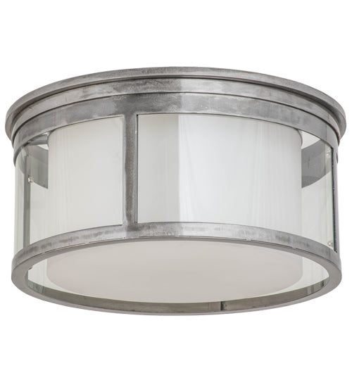 Meyda Lighting Cilindro 19" 3-Light Silver Steel Flush Mount Light With Clear & White Shade Glass