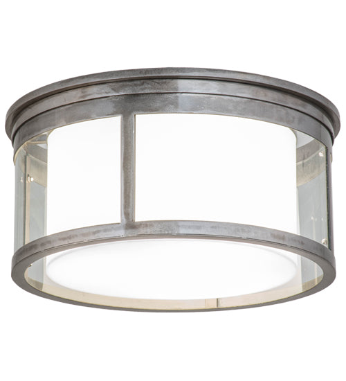 Meyda Lighting Cilindro 19" 3-Light Silver Steel Flush Mount Light With Clear & White Shade Glass