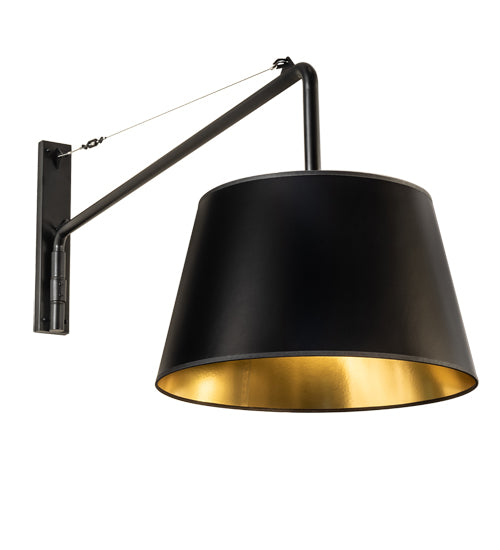 Meyda Lighting Cilindro 20" Matte Black Tapered Swing Arm Wall Sconce With Black & Gold Paper Shade