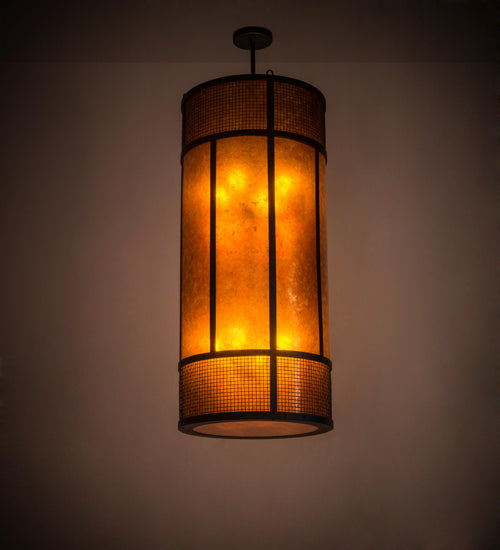 Meyda Lighting Cilindro 22" 8-Light Textured Black Golpe Pendant Light With Amber Mica Shade Glass