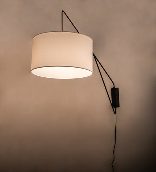 Meyda Lighting Cilindro 22" Solar Black & Brass Swing Arm Wall Sconce With White Linen Textrene Shade