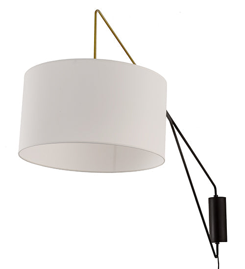 Meyda Lighting Cilindro 22" Solar Black & Brass Swing Arm Wall Sconce With White Linen Textrene Shade
