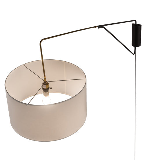 Meyda Lighting Cilindro 22" Solar Black & Brass Swing Arm Wall Sconce With White Linen Textrene Shade