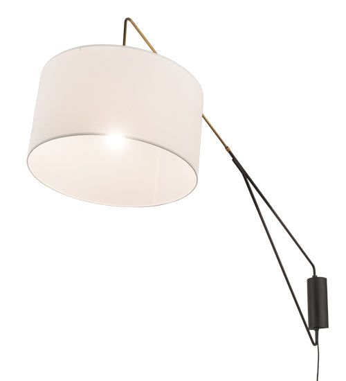 Meyda Lighting Cilindro 22" Solar Black & Brass Swing Arm Wall Sconce With White Linen Textrene Shade