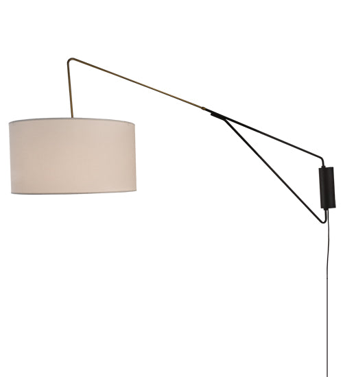 Meyda Lighting Cilindro 22" Solar Black & Brass Swing Arm Wall Sconce With White Linen Textrene Shade