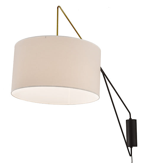 Meyda Lighting Cilindro 22" Solar Black & Brass Swing Arm Wall Sconce With White Linen Textrene Shade