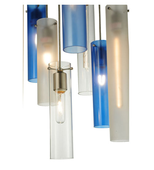 Meyda Lighting Cilindro 24" 10-Light Nickel Cascading Pendant Light With Clear and Blue Shade Glass