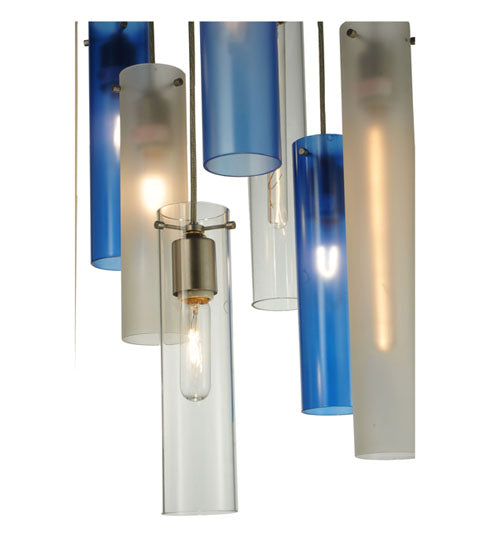 Meyda Lighting Cilindro 24" 10-Light Nickel Cascading Pendant Light With Clear and Blue Shade Glass
