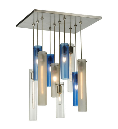 Meyda Lighting Cilindro 24" 10-Light Nickel Cascading Pendant Light With Clear and Blue Shade Glass