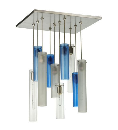 Meyda Lighting Cilindro 24" 10-Light Nickel Cascading Pendant Light With Clear and Blue Shade Glass