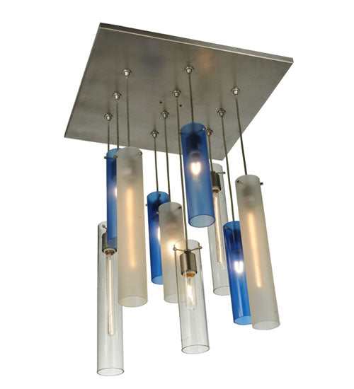 Meyda Lighting Cilindro 24" 10-Light Nickel Cascading Pendant Light With Clear and Blue Shade Glass
