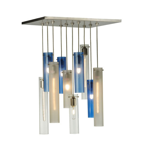 Meyda Lighting Cilindro 24" 10-Light Nickel Cascading Pendant Light With Clear and Blue Shade Glass