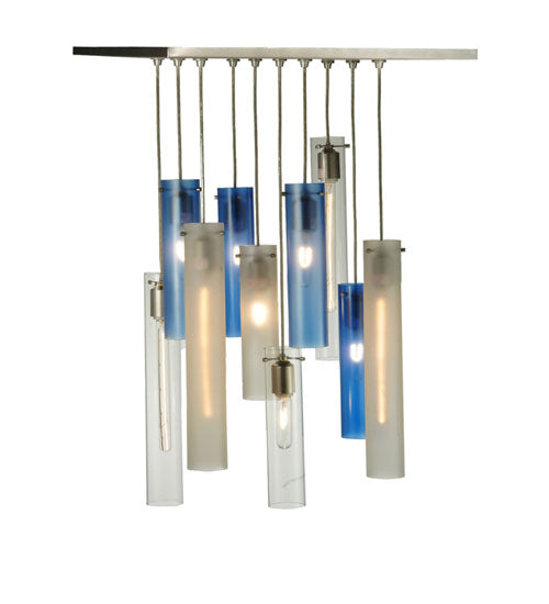 Meyda Lighting Cilindro 24" 10-Light Nickel Cascading Pendant Light With Clear and Blue Shade Glass