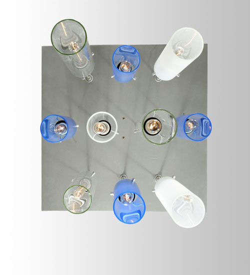 Meyda Lighting Cilindro 24" 10-Light Nickel Cascading Pendant Light With Clear and Blue Shade Glass