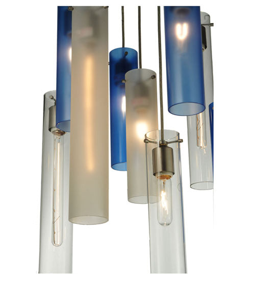 Meyda Lighting Cilindro 24" 10-Light Nickel Cascading Pendant Light With Clear and Blue Shade Glass