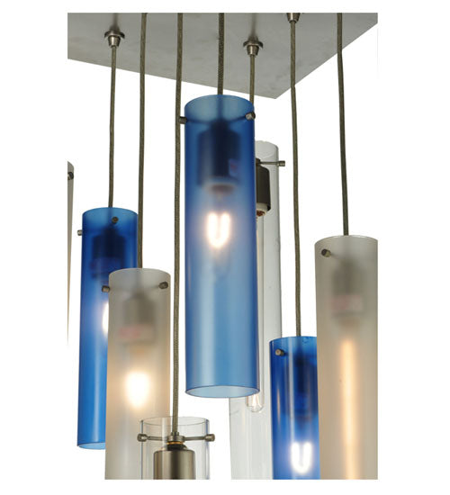 Meyda Lighting Cilindro 24" 10-Light Nickel Cascading Pendant Light With Clear and Blue Shade Glass