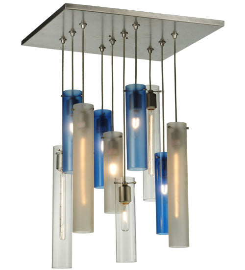 Meyda Lighting Cilindro 24" 10-Light Nickel Cascading Pendant Light With Clear and Blue Shade Glass