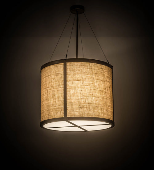Meyda Lighting Cilindro 24" 3-Light Antique Copper Pendant Light With Brown Burlap Textrene & White Statuario Idalight Shade