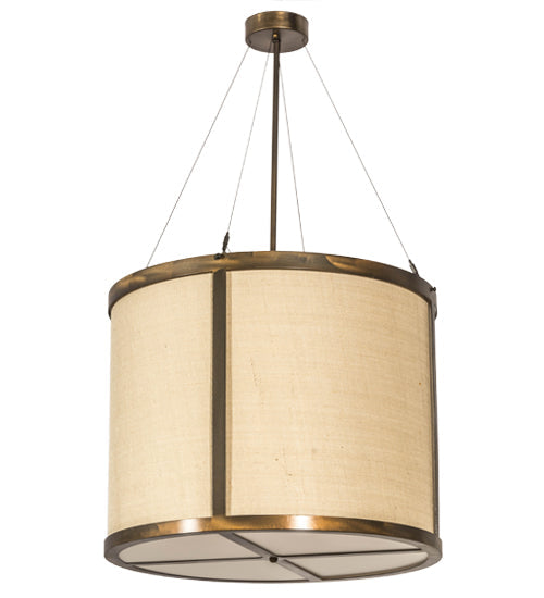 Meyda Lighting Cilindro 24" 3-Light Antique Copper Pendant Light With Brown Burlap Textrene & White Statuario Idalight Shade