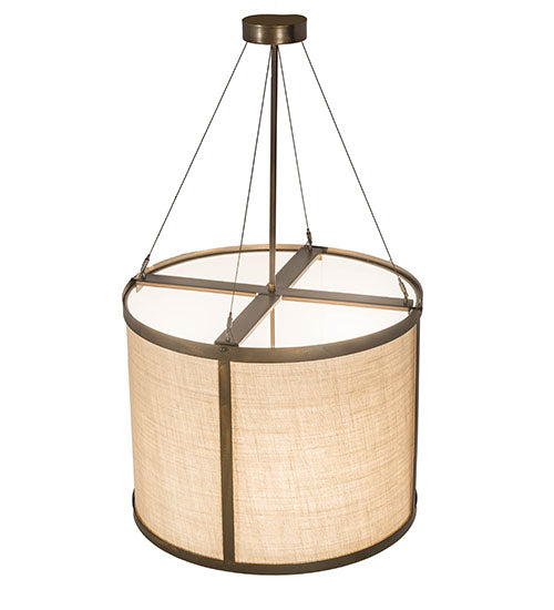 Meyda Lighting Cilindro 24" 3-Light Antique Copper Pendant Light With Brown Burlap Textrene & White Statuario Idalight Shade