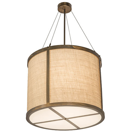 Meyda Lighting Cilindro 24" 3-Light Antique Copper Pendant Light With Brown Burlap Textrene & White Statuario Idalight Shade
