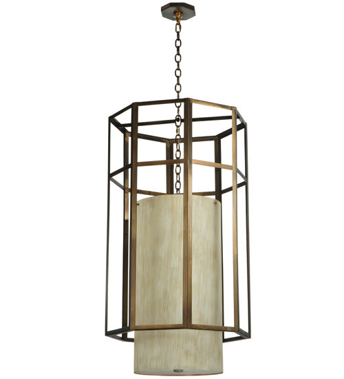 Meyda Lighting Cilindro 24" 4-Light Antique Copper Caged Pendant Light With Beige Shade Glass