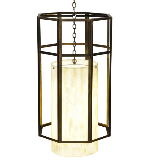 Meyda Lighting Cilindro 24" 4-Light Antique Copper Caged Pendant Light With Beige Shade Glass