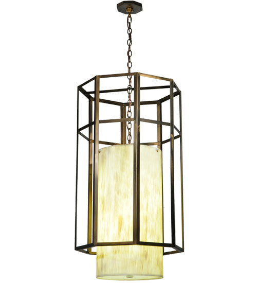 Meyda Lighting Cilindro 24" 4-Light Antique Copper Caged Pendant Light With Beige Shade Glass