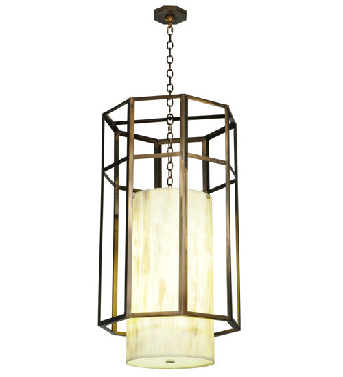 Meyda Lighting Cilindro 24" 4-Light Antique Copper Caged Pendant Light With Beige & White Shade