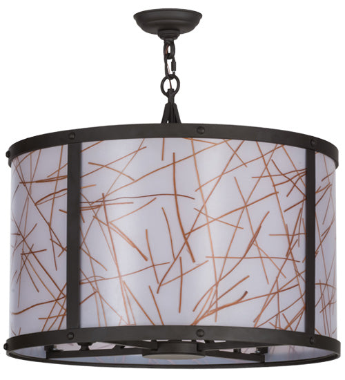 Meyda Lighting Cilindro 24" 4-Light Oil Rubbed Bronze Veritas Pendant Light With White & Orange Patterns Shade Glass