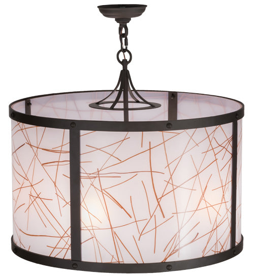Meyda Lighting Cilindro 24" 4-Light Oil Rubbed Bronze Veritas Pendant Light With White & Orange Patterns Shade Glass