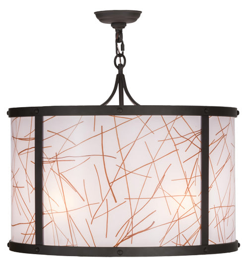 Meyda Lighting Cilindro 24" 4-Light Oil Rubbed Bronze Veritas Pendant Light With White & Orange Patterns Shade Glass