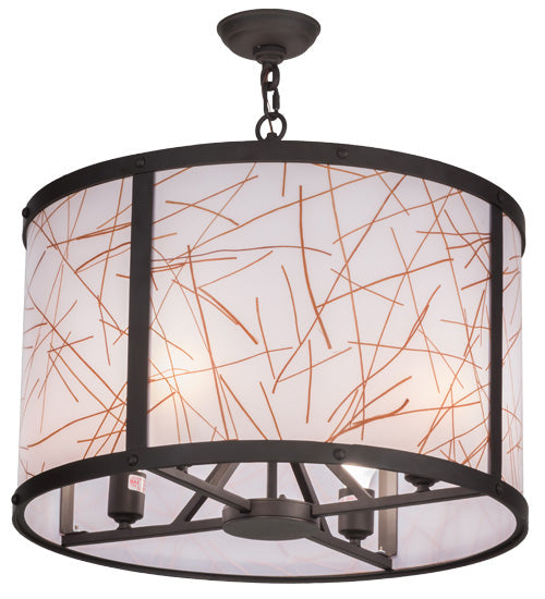 Meyda Lighting Cilindro 24" 4-Light Oil Rubbed Bronze Veritas Pendant Light With White & Orange Patterns Shade Glass