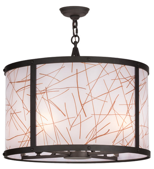 Meyda Lighting Cilindro 24" 4-Light Oil Rubbed Bronze Veritas Pendant Light With White & Orange Patterns Shade Glass