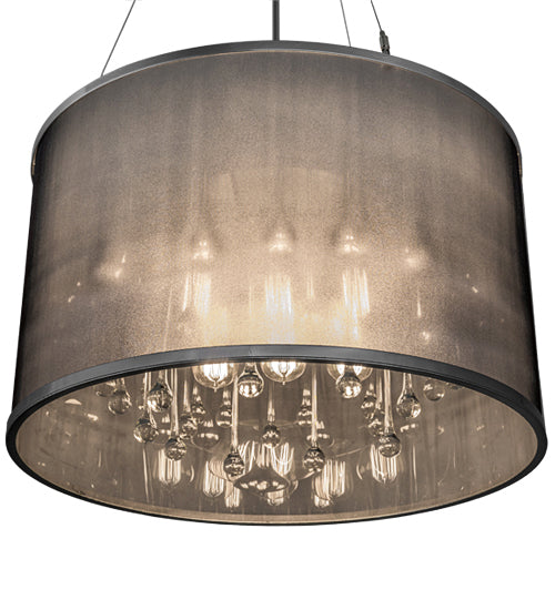 Meyda Lighting Cilindro 24" 9-Light Extreme Chrome Shimmer Pendant Light With Black Organza & Crystal Idalight Shade