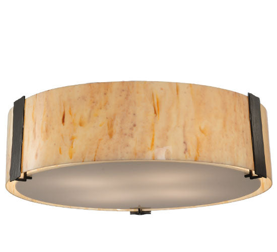 Meyda Lighting Cilindro 24" Timeless Bronze Bartel Flush Mount Light With Travertine Idalight And Statuario Idalight Shade Glass