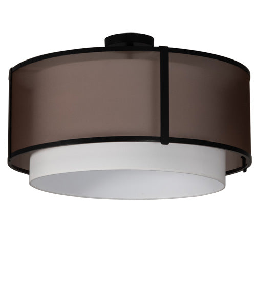 Meyda Lighting Cilindro 249042 30" 3-Light Flat Black Semi-flush Mount Light With White & Black Organza Textrene Shade