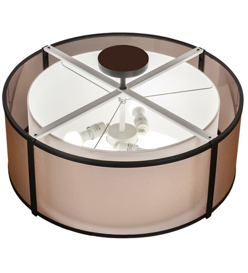 Meyda Lighting Cilindro 249042 30" 3-Light Flat Black Semi-flush Mount Light With White & Black Organza Textrene Shade