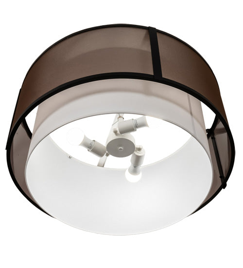 Meyda Lighting Cilindro 249042 30" 3-Light Flat Black Semi-flush Mount Light With White & Black Organza Textrene Shade