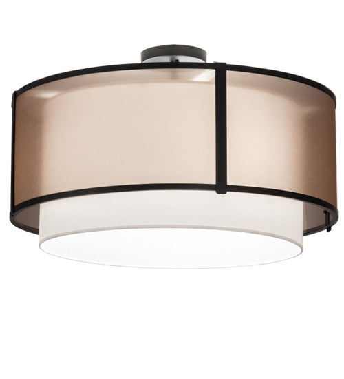 Meyda Lighting Cilindro 249042 30" 3-Light Flat Black Semi-flush Mount Light With White & Black Organza Textrene Shade
