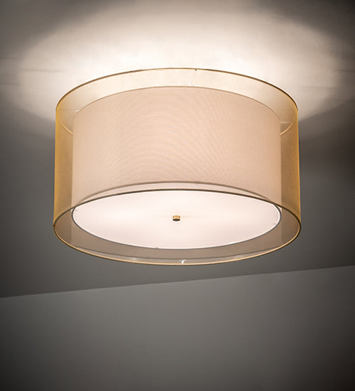 Meyda Lighting Cilindro 26" 4-Light Antique Brass Flush Mount Light With Beige & White Shade
